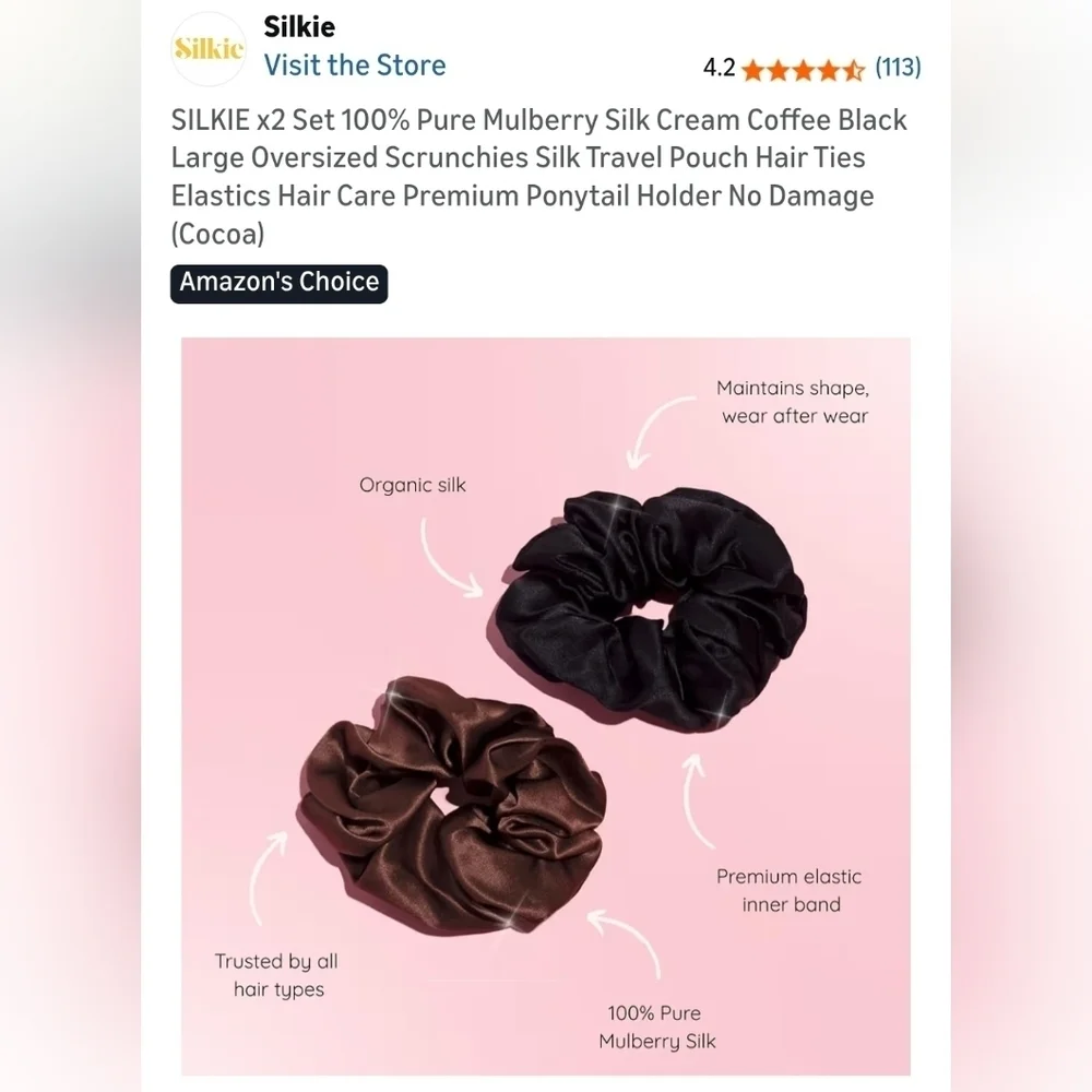 2 Pure Silk Hair Scrunchies - NEW